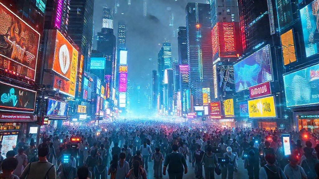 Ciudad futurista digital y vibrante