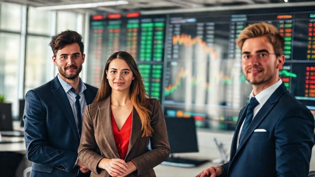 Profesionales analizan gráficos financieros optimistas