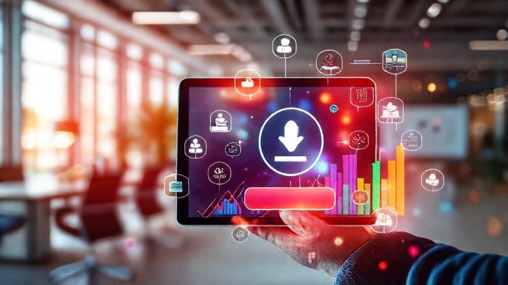 Iconos digitales muestran datos profesionales vibrantes