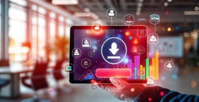 Iconos digitales muestran datos profesionales vibrantes