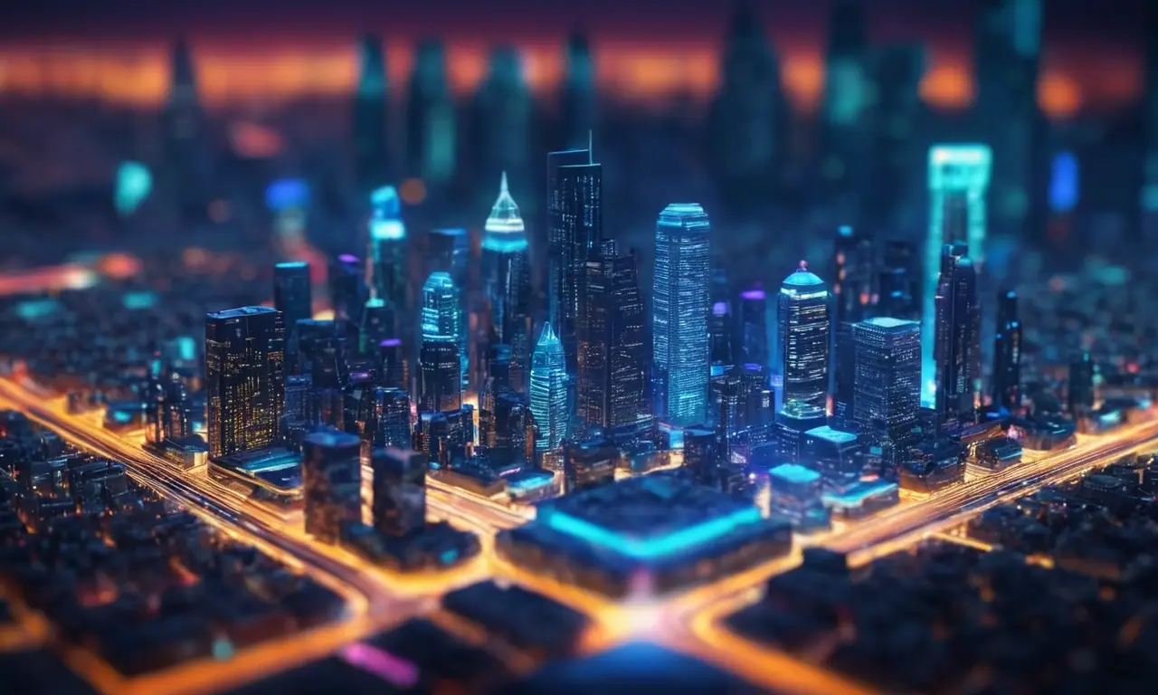 Ciudades futuristas con datos y circuitos digitales