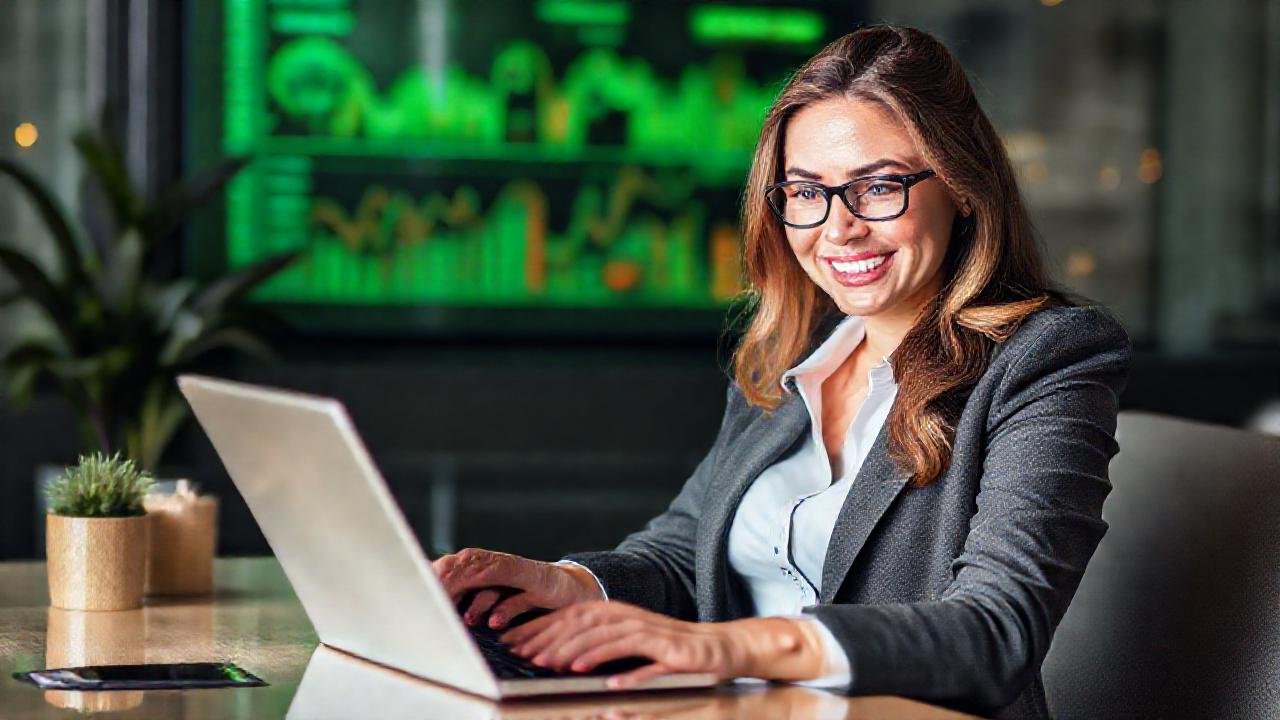 La mujer de negocios triunfa digitalmente online