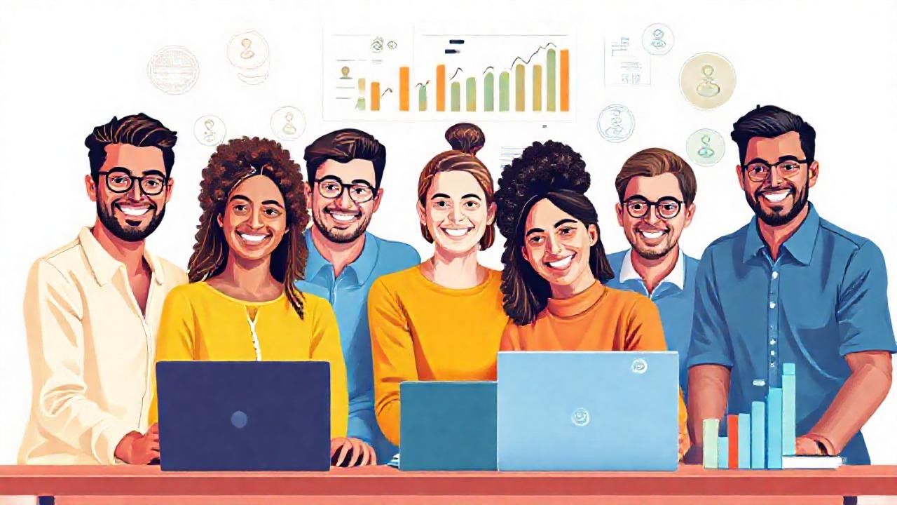 Equipo diverso colabora con éxito digital