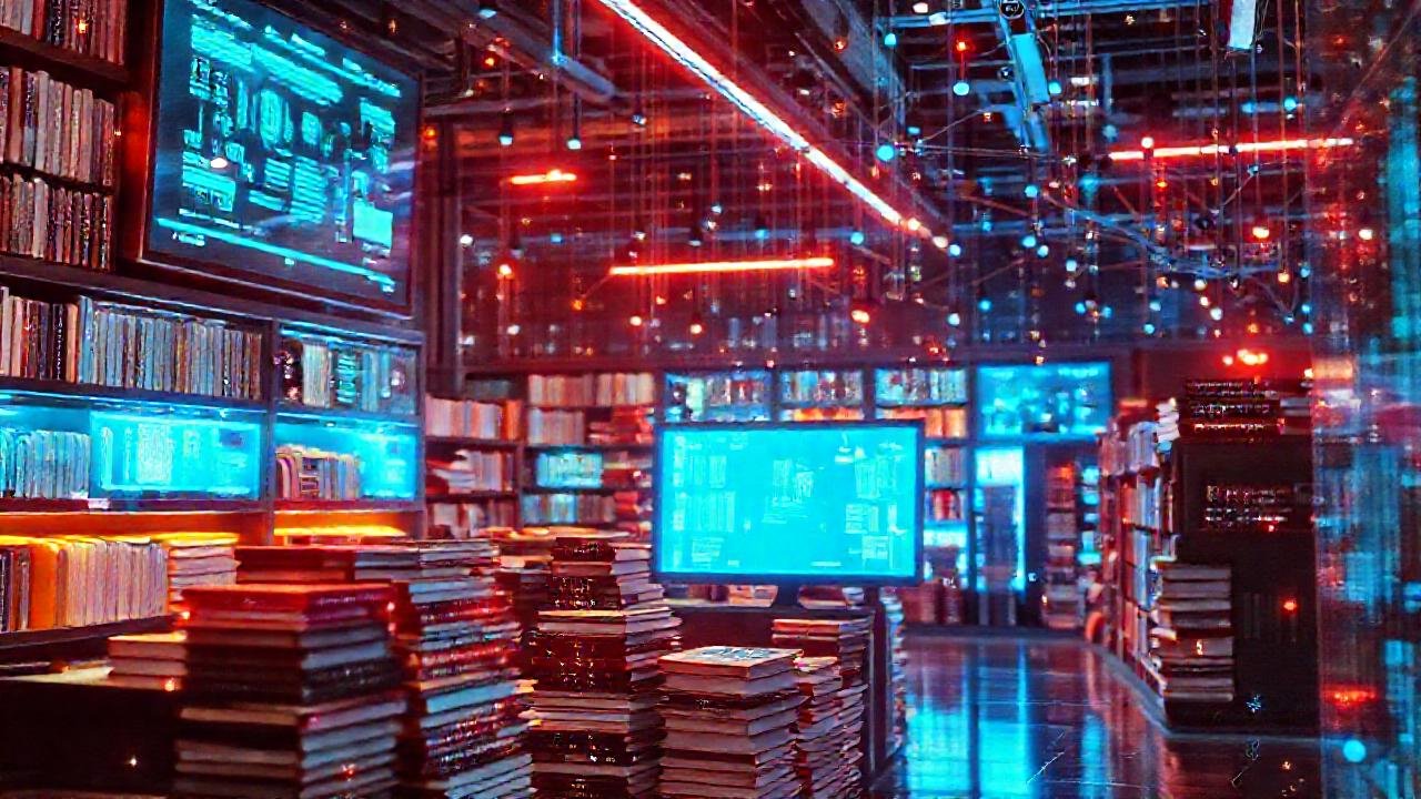 Una librería digital futurista y vibrante