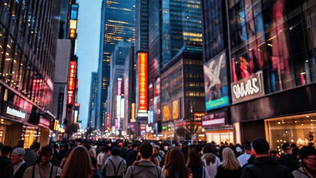 Ciudad vibrante de noche y negocios