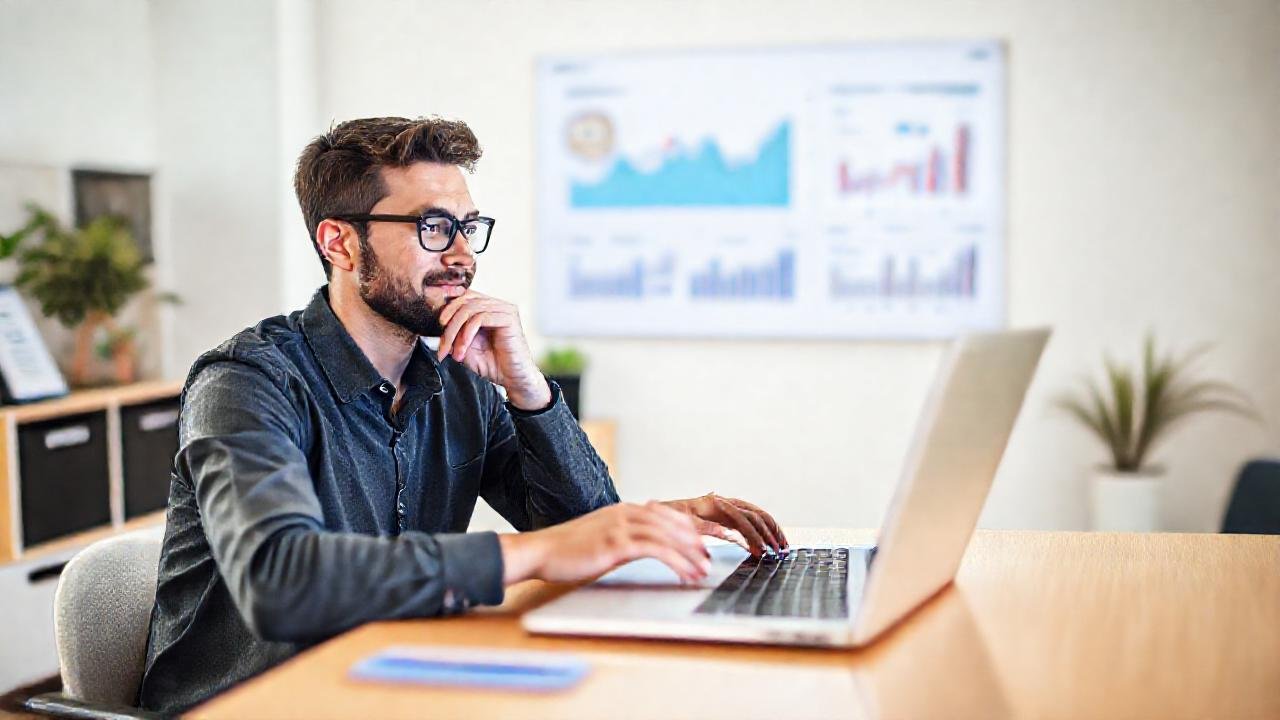 El emprendedor crea contenido digitalmente, optimista