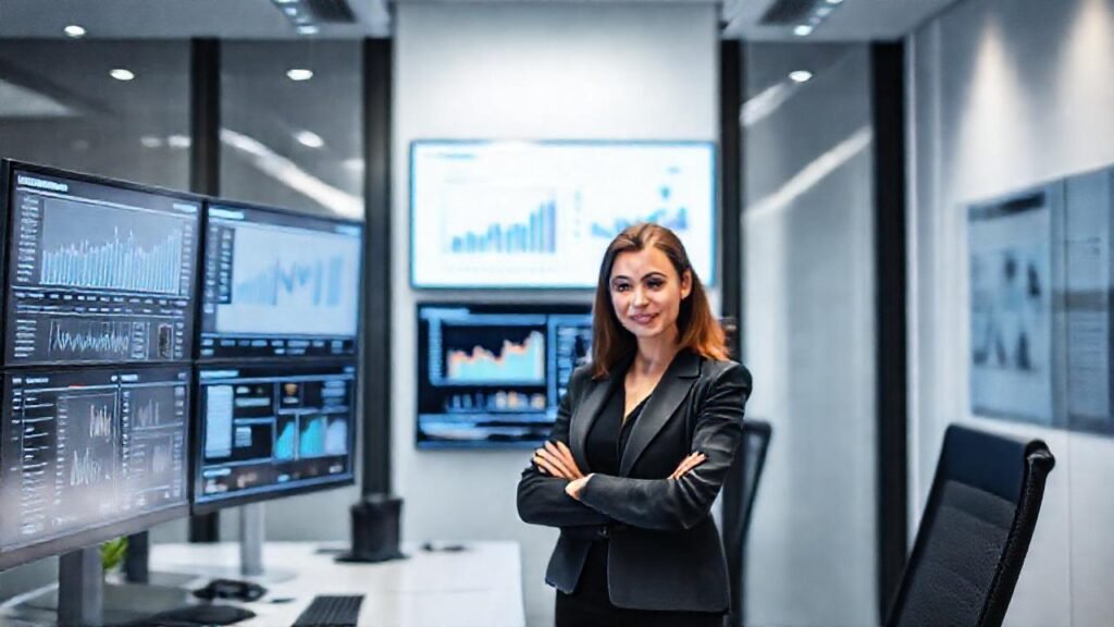 Una ejecutiva confiable trabaja en un espacio moderno