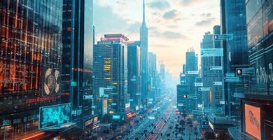 Ciudad futurista digital y vibrante