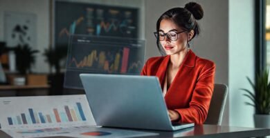 Una mujer tranquila gestiona criptomonedas digitalmente