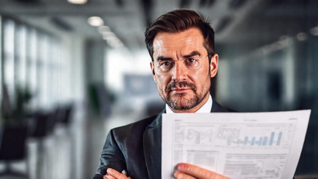 Un ejecutivo confiado examina documentos legales