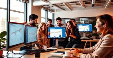 Equipo emprendedor trabaja en un ambiente vibrante