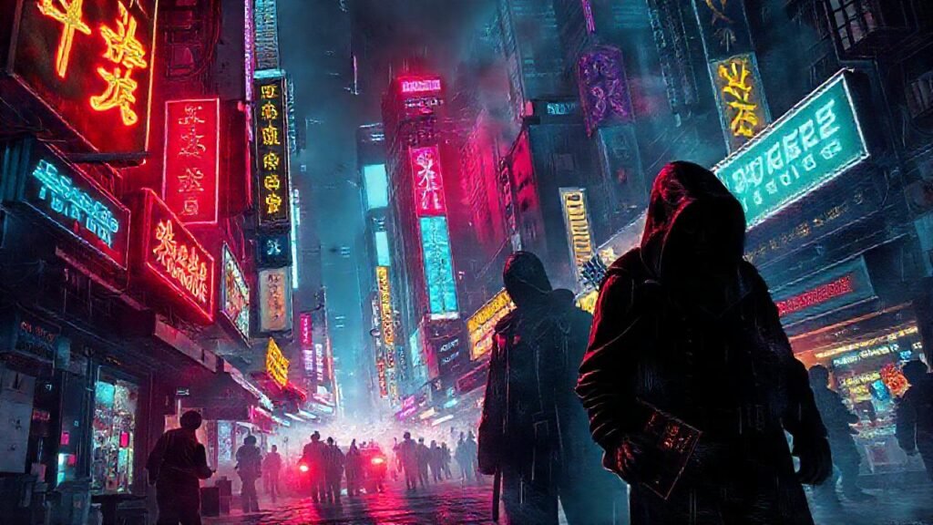 Ciudad cyberpunk digital y desordenada