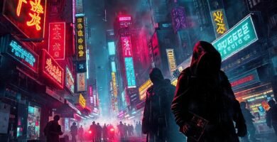 Ciudad cyberpunk digital y desordenada
