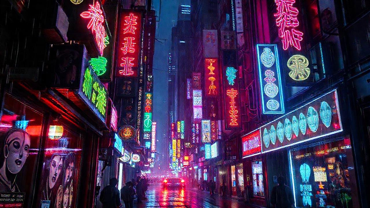Ciudad cyberpunk futurista, vibrante y lluviosa