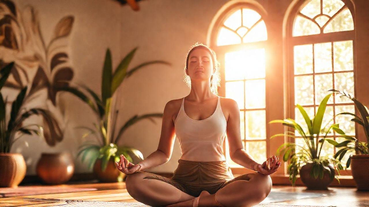 Mujer medita en paz y luz