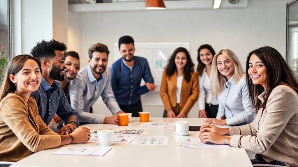 Equipo diverso planifica en oficina moderna