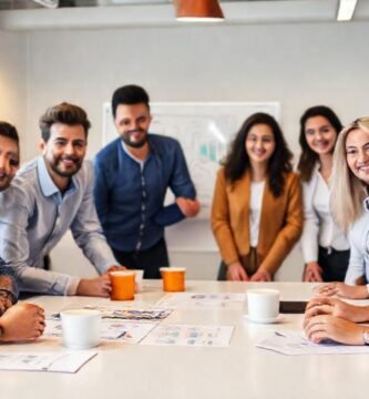 Equipo diverso planifica en oficina moderna