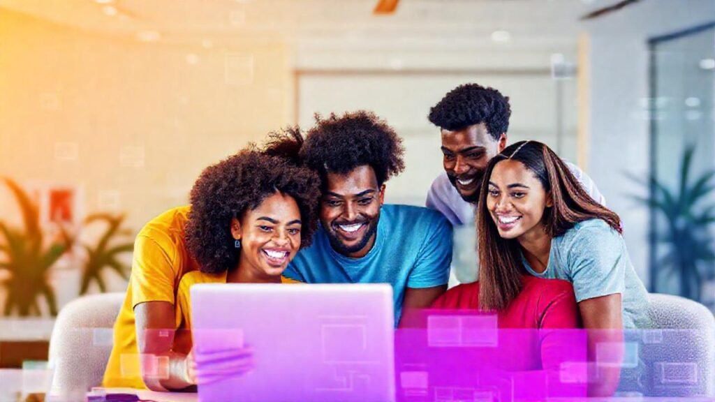 Equipo diverso colabora en línea