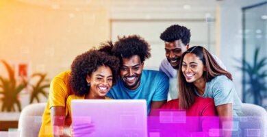 Equipo diverso colabora en línea