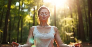 Mujer meditante encuentra paz en bosque