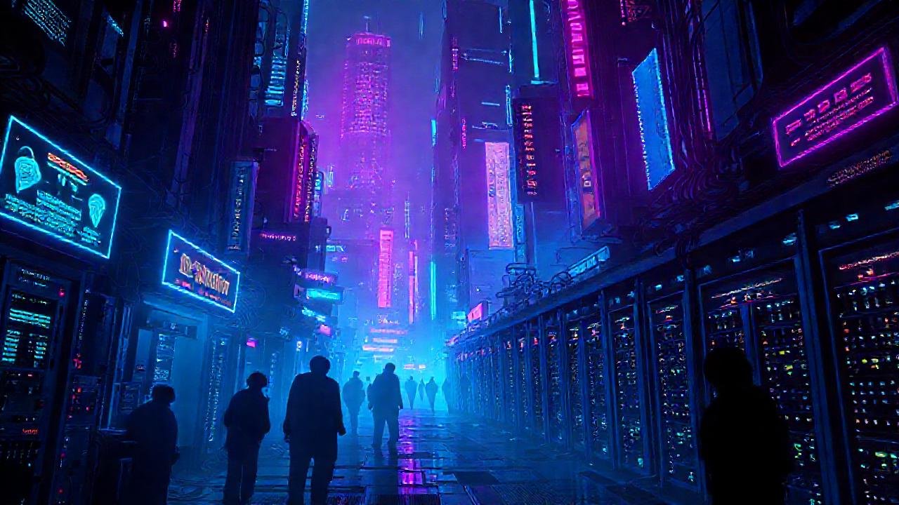 Ciudad cyberpunk digitalmente distorsionada y oscura